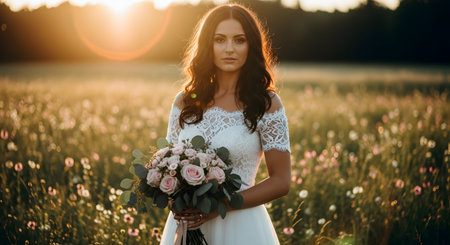 Beautiful bride with bouquet of flowers in the field at sunsetの素材