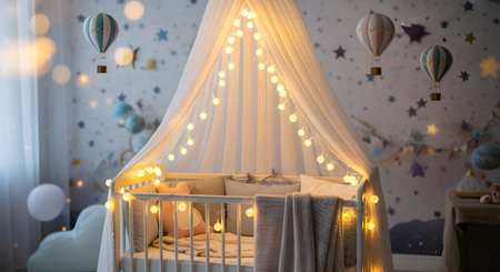 Children's room with a white cot decorated with garlands and balloonsの素材