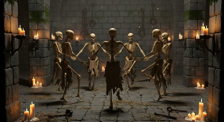 3D rendering of a Halloween scene with skeletons in a dark roomの素材