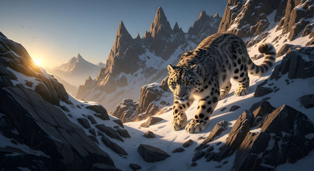 3D rendered Illustration. Snow leopard in the mountains.の素材