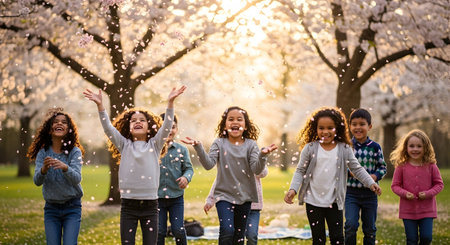 Group of happy children playing in the park with cherry blossom flowersの素材