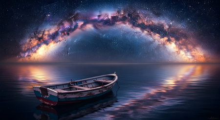 Fantasy landscape with a boat and the Milky Way. 3D renderingの素材