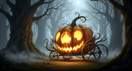 Halloween background with pumpkin and cart. 3d render illustration.の素材