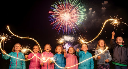 Group of happy children with sparklers on the background of fireworks.の素材