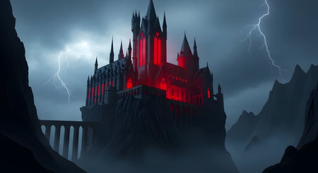 Fantasy landscape with castle and lightning. 3d render illustration.の素材