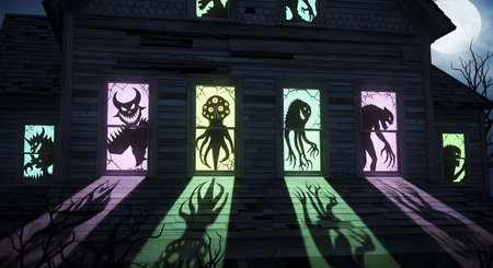 Halloween haunted house with scary monsters. 3d render illustration.の素材