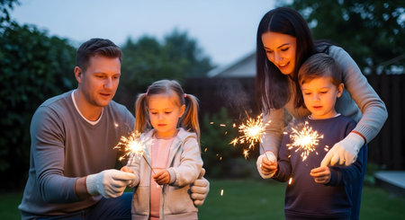 Happy family with two children holding sparklers in the garden at nightの素材