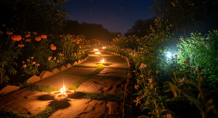 Candle light in the garden at night,3d rendering.の素材