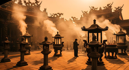 Chinese temple in the evening with fog and light, closeup of photoの素材