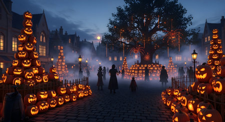 Halloween scene with pumpkins and witch in the cemetery. 3d renderの素材