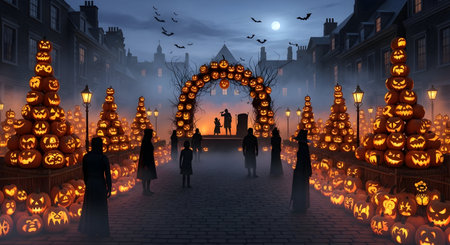 Halloween scene with silhouettes of people and pumpkins at nightの素材