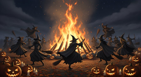 Halloween background with pumpkins and witch on the fire. Vector illustration.の素材