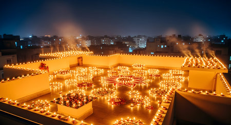 Candles on the roof of the church during the celebration of Diwaliの素材