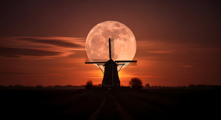 Traditional Dutch windmill with full moon in the background at sunset.の素材