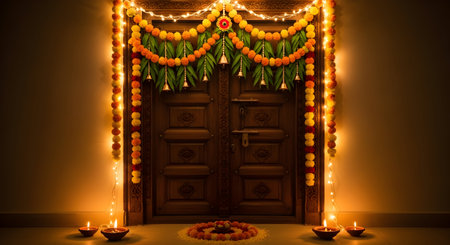 Indian Festival Diwali, Diwali or Deepavali with colorful flowers and oil lampの素材
