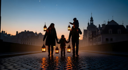 Silhouette of family with lanterns in the city at nightの素材