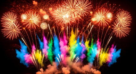Colorful fireworks of various colors over night sky background, celebration conceptの素材