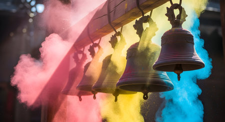 Bells in a Buddhist temple during the festival of holi.の素材