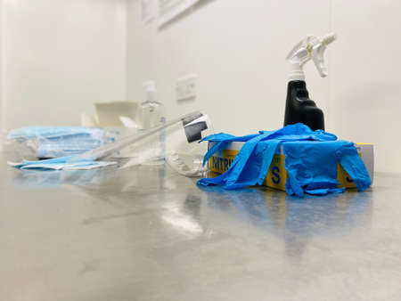 virus sanitising station. Sanitising spray, three layer  blue/white disposable surgical face masks,...