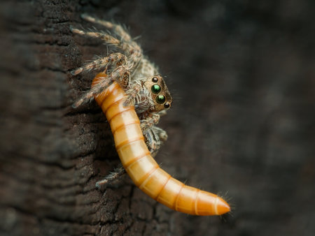 House jumping spider eat super worm on the woodの写真素材