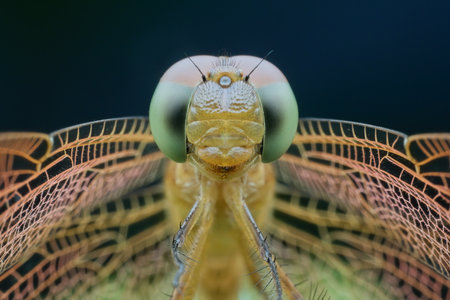 Common darter dragonfly perched on the leaf seen from the frontの写真素材