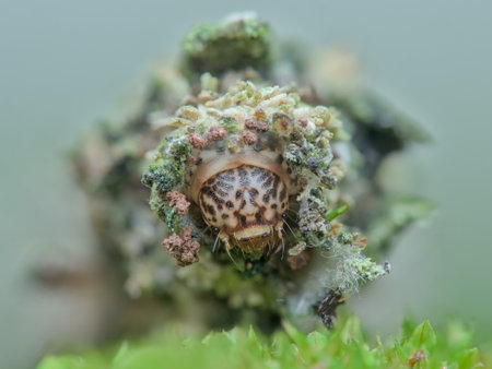 Closeup bagworm on the moss from front viewの写真素材