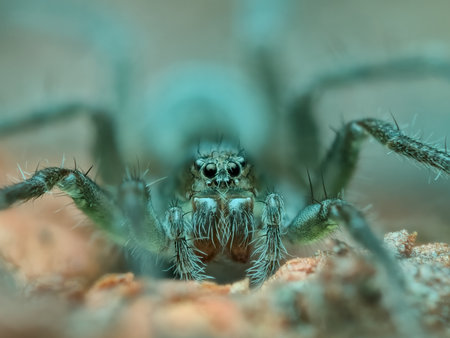 Wolf spider on the rotten wood from front viewの写真素材