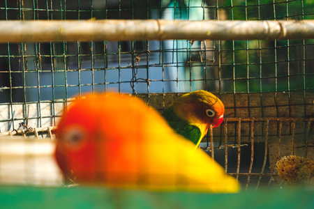 A pair of love birds in a cage posing cute and cute, pictured in the morningの写真素材