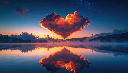 Heart-shaped cloud reflecting in calm water under twilight sky with mountains and distant stars. Serene sceneの素材