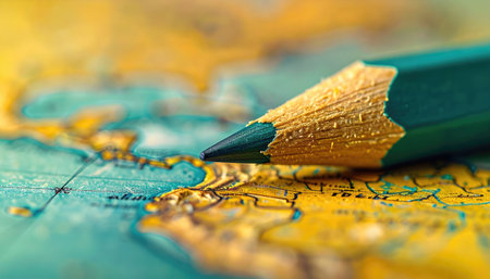 Close up of a green pencil on a vintage-style map, highlighting coastal regions with detailed textureの素材