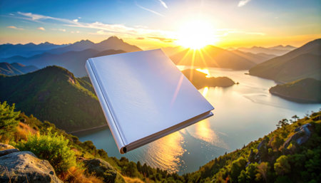 Book floats over scenic mountains at sunset, with tranquil lake view. A magical, storybook escape into nature&#39;s beautyの素材