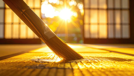 Brush strokes liquid gold, painting sunlight in a room with shoji screen. Warmth, tranquility, and soft focusの素材