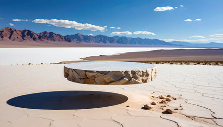 Floating stone platform hovers above a cracked, barren landscape with distant mountains under a bright, blue skyの素材