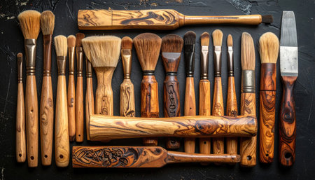 Arranged collection of wooden-handled paintbrushes of various sizes and bristle types on a textured, dark surfaceの素材