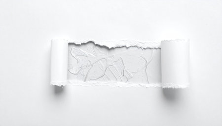 Torn white paper reveals a textured, abstract surface beneath, creating depth and visual interestの素材