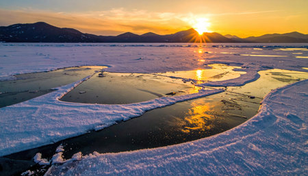 Ice-covered water reflecting a golden sunset, with mountains in the distance, creating a serene landscapeの素材