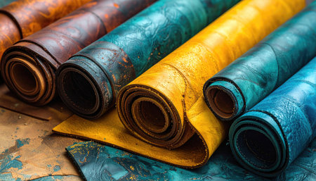 Rolled leather sheets in vibrant hues; brown, turquoise, yellow, and blue colors close up shotの素材