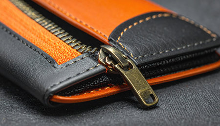 Close-up of a partially zipped bifold wallet in black and orange leather with brass-colored zipperの素材