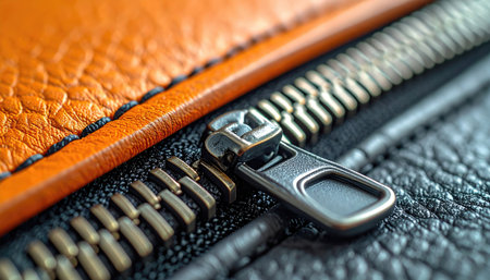 Close-up shows the texture of orange leather, a metal zipper, and a textured black background. Sharp focus on the zipperの素材
