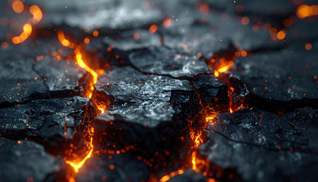 Cracked, dark rock formation glows with fiery orange light in the crevices, creating a captivating geological sceneの素材
