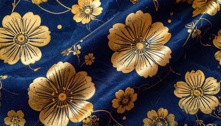 Golden flower pattern on dark blue draped fabric with subtle gold accents, creating a luxurious and elegant aestheticの素材