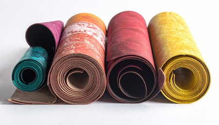 Rolled mats, purple, turquoise, brown, red and yellow, stand on a white surface, creating a textured, colorful displayの素材