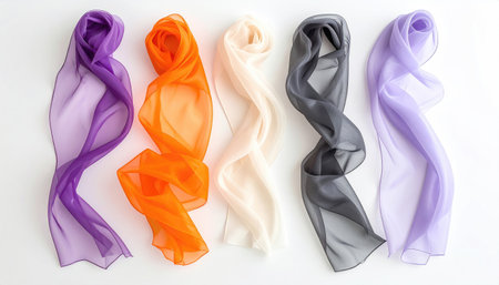 Five translucent scarves in purple, orange, cream, gray, and lavender are arranged horizontally on a white surfaceの素材