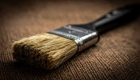 Close-up of a weathered paintbrush resting on textured burlap. Soft, warm light creates a cozy, artistic feelの素材