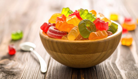 Gummy candies in a wooden bowl, with red, green, yellow, orange, on a rustic wooden background. A spoon restsの素材