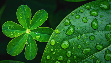 Close up, a small six-leaf plant beside a large leaf, both adorned with water droplets, against blurred greenの素材