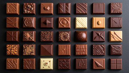 An array of artisanal chocolates arranged in rows on a dark background, showcasing diverse toppings and patternsの素材