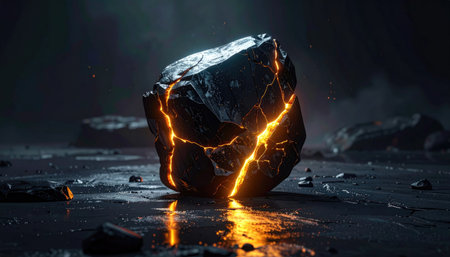 Glowing cracked cube. Dark, rocky terrain; intense, bright cracks; ominous, striking visual; shallow depth of fieldの素材