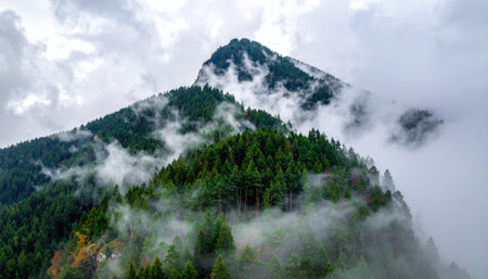 Pine-covered mountain peak veiled in misty clouds under a cloudy sky. Cool, crisp, and mysterious atmosphereの素材
