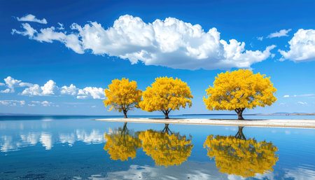 Three vibrant golden trees stand on a sandy strip reflected in serene, crystal-clear water under a bright, blue skyの素材